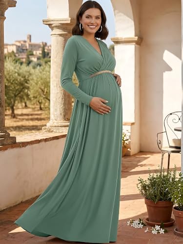 Image of KOH KOH Womens Maternity Long Sleeve V-Neck Flowy Winter Maxi Dress Gown