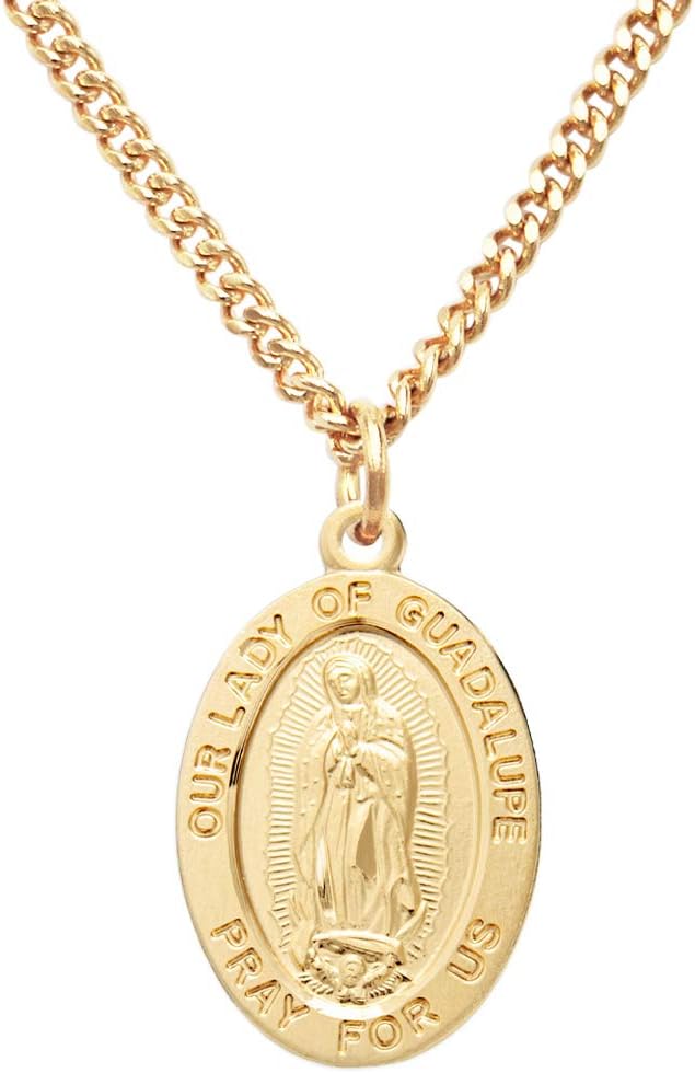 Rosemarie Collections Religious Gifts 16K Yellow Gold Layered Our Lady Of Guadalupe Pray For Us Medal Pendant Necklace, 18"