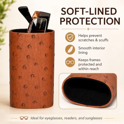 Image of Calabria Desktop Eye Glasses Holder Soft Lining Weighted Base Eyeglasses Stand Case Desks Nightstands PU Leather Mens Womens