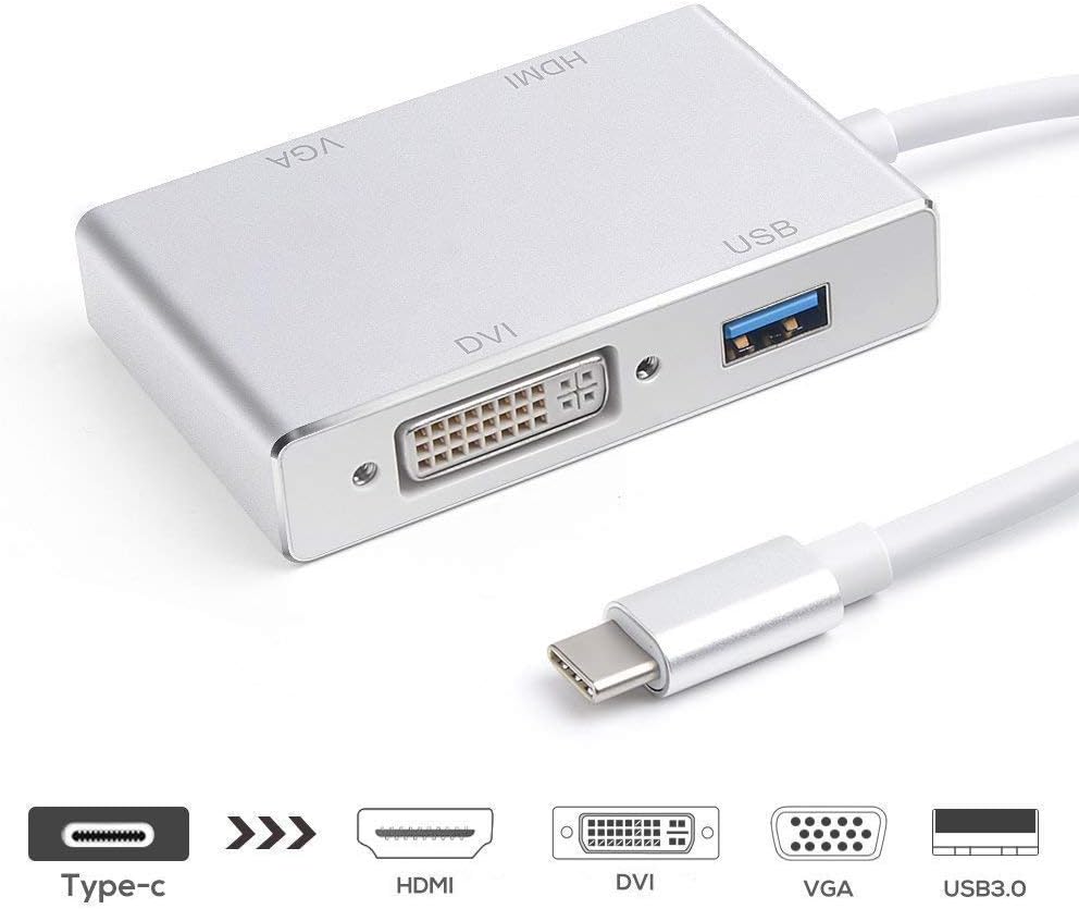 eErlik Latest Type C to HDMI Adapter USB-C to HDMI DVI VGA with USB 3.0 HUB (Silver)