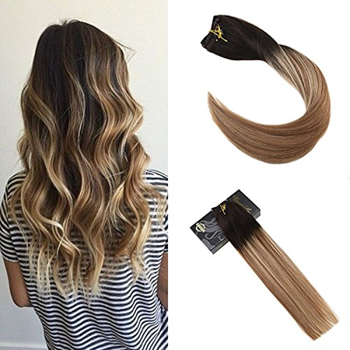 14inch Clip in Double Wefted Human Hair Extensions Brown Balayage Mix Light Blonde Clip in Hair Extensions 10Pcs 120Gram