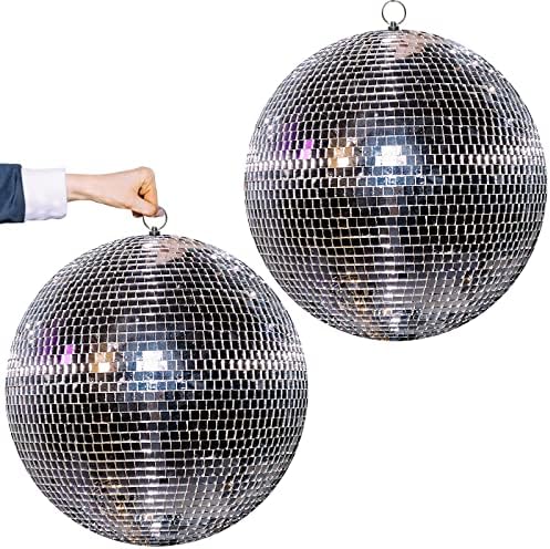 2 Pcs Large Disco Ball 16 Inch Glass Mirror Disco Party Ball Jumbo Ball with Hanging Ring Rotating Disco Ball for DJ Club Bar Stage Props Home Wedding Holiday Dance Music Festival Decoration, Silver