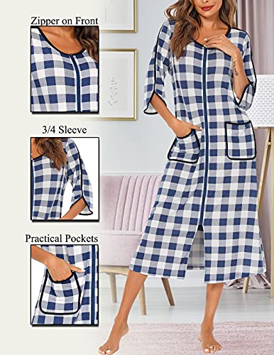 Image of Veseacky Women Robe Zipper Front House Coat 3 /4 Sleeve Nightgown Full Length Ladies Lounge Dress with Pockets S-XXL