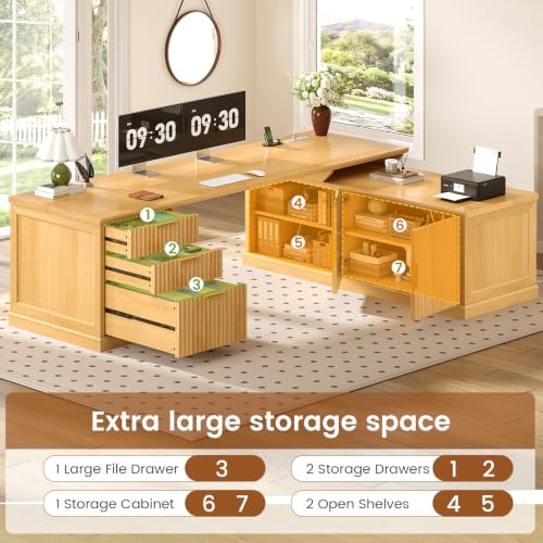 Image of SEDETA Fluted 70.9 inch L Shaped Desk with Drawers, Fluted Oak | Home Office Desk with Storage Cabinet and Storage Shelves,L Shaped Computer Desk with Power Outlet