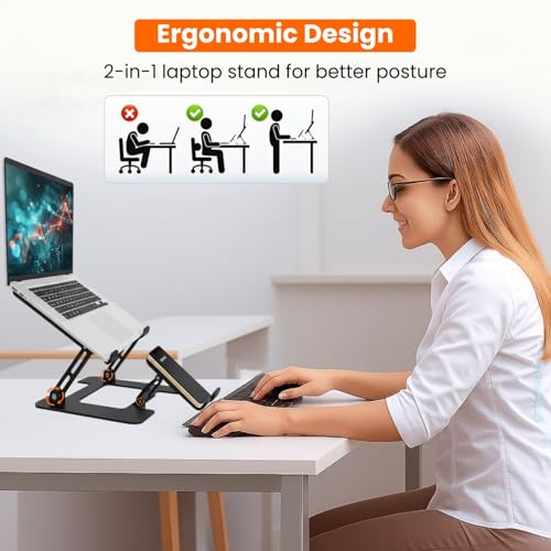 Image of Dyazo 2 in 1 Laptop & Mobile Stand | Foldable Riser with Ventilated Design | Multi Angle Adjustable Height Holder Fit Upto 15.6 Inch Laptops | Compatible for Mac, HP, Dell, Acer, Lenovo & More (Black)