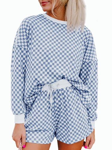 Tankaneo Womens 2 Piece Outfits Oversized Long Sleeve Checkered Plaid Tops Elastic Waist Shorts 2025 Pajama Sets Loungewear Blue
