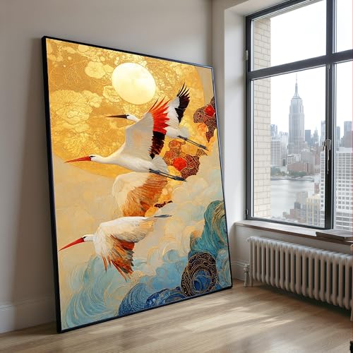Tableau sur toile grue soleil doré 50x70cm pour mur vide et triste