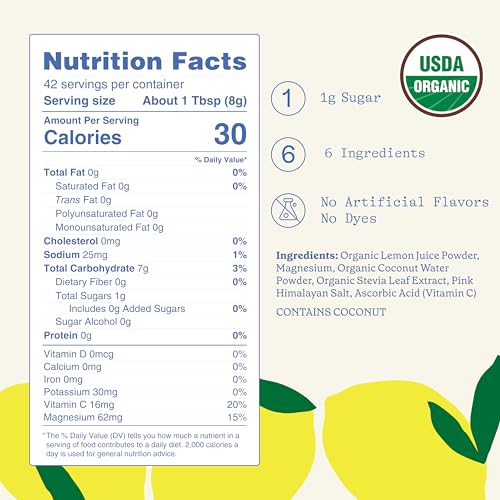 Image of GoodOnya Organic Hydration Electrolyte Drink Mix, Certified Organic Hydration Powder, Non-GMO, Biochecked Glyphosate Free, Low Sugar, Lemonade Flavor, No Artificial Flavors, 42 Servings