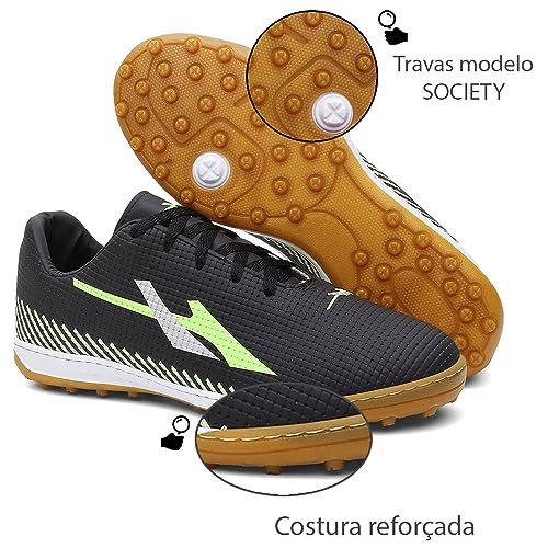 Chuteira Society Grama Sintética Sola Costurada Resistente Confortável Cor:Preto-Verde;Genero:Mascul