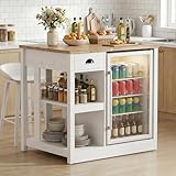 LAZZO Kitchen Island with Storage for Small Space, 35.4' Farmhouse Style Cabinet with Fridge Space, Small Kitchen Table with Rubberwood Tabletop and Power Outlets for Dining Room Wihte (35.4' L)