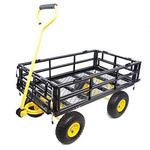 Steel Garden Wagon Cart, Portable Garden Carts Dog Wagon W/Removable Sides & Additional Four-Sided Baffle & 10In Tries To Transport Firewood Plants Chicken Feed Pot Soil Beehive (Black) #TOP2