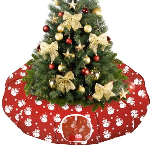 Image of Pawaboo Cat Tunnel Bed Under Christmas Tree, 35.4'' Christmas Cat Toy Circle Tunnel with Ball, Cats Tunnels Christmass Tree Skirt Decorative Festive Foldable Kitty Tube Tunnels for Cats(Red Snowman)