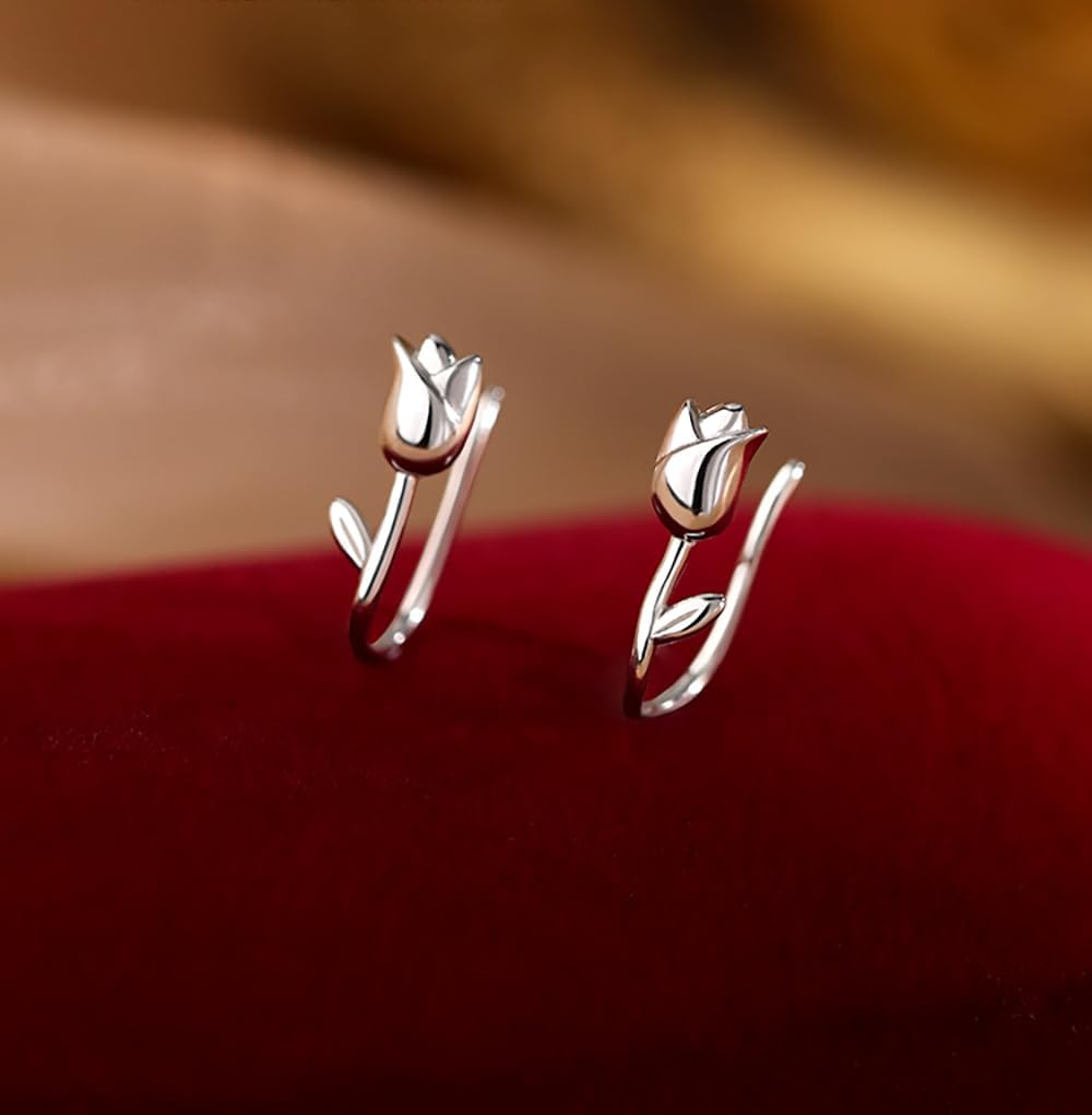 Reffeer Solid 925 Sterling Silver Flower Crawler Cuff Earrings Wraps for Women Teens Tulip Flower Wrap Earrings - Image 4