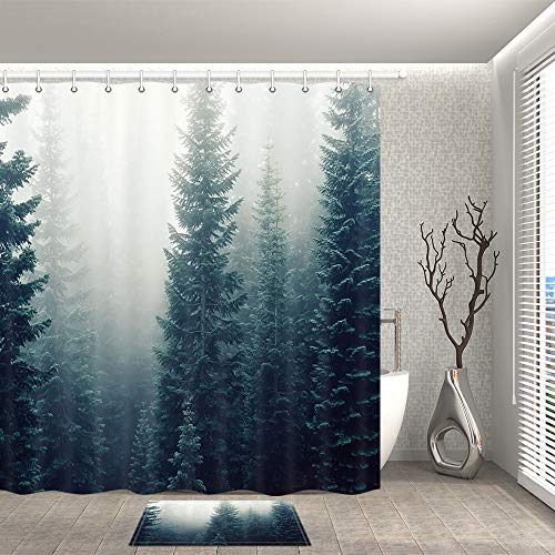 Foggy Forest Decor Shower Curtain, Rustic Fir Pine Forest Nature Mountain Landscape Upgrade Polyester Fabric Bath Curtains Bathroom Accessories, With 12Pcs Hooks 69X70 Inches #TOP2