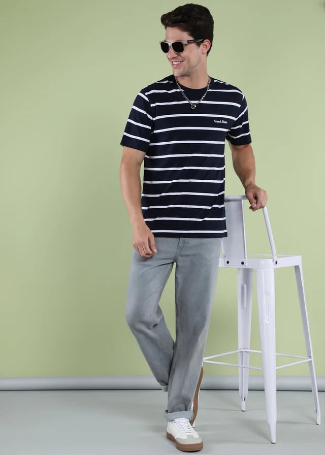 Image of Men's T-Shirt Stand Alone 100% Organic Cotton Striped T-Shirt | Anti Pilling Fabric - Biowash | Yarn Dyed Horizontal Stripes | Round Neck | Half Sleeve | Regular Fit | Premium Casual T-Shirt