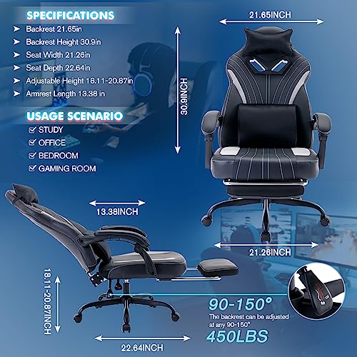 Ergonomic Gaming Chair With Footrest,Big And Tall Gaming Chair For Heavy People,Game Chair With 360 Degree Swivel And Height Adjustment,Computer Gaming Chair With Lumbar Support And Headrest 450Lbs #TOP3