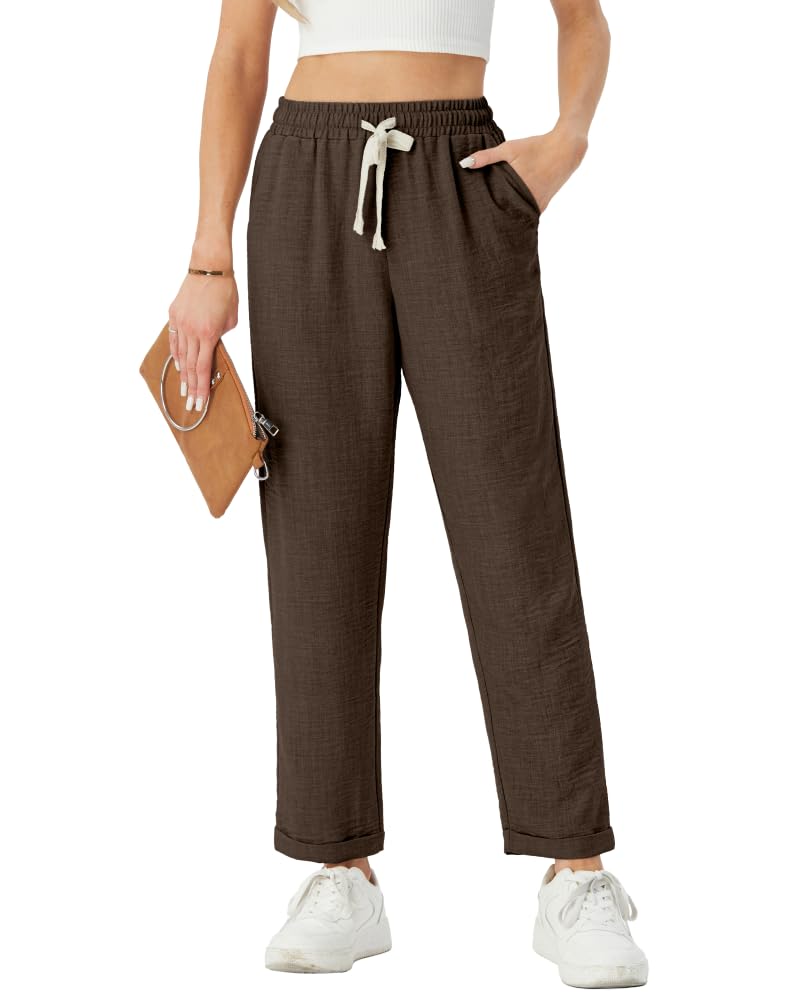 PrinStory Dames lichtgewicht rechte pijpen broek met elastische taille, zomer broek met trekkoord, dames broek met zakken, Donkerblauw, M