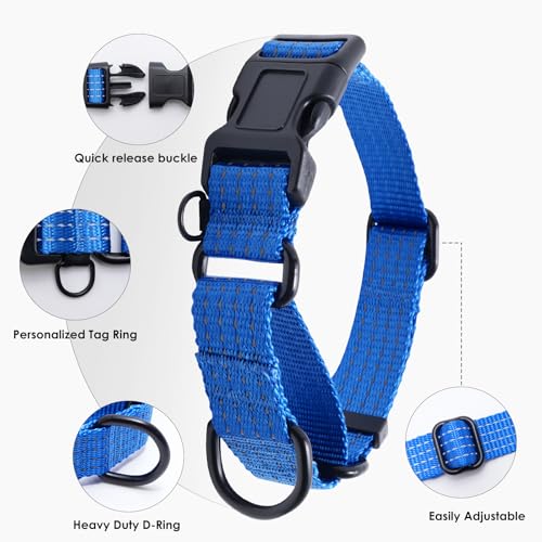Image of Martingale Dog Collar, Reflective No Pull with Buckle, Blue, S | Escape Proof without choking ,Training Collar with Quick Release Buckle, Adjustable Heavy Duty Nylon collars for S M L Dogs