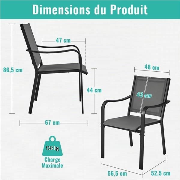 Yaheetech Lot de 2 Chaise de Jardin Extérieur Fauteuil de Jardin Empilable Chaises de Terrasse Chaises de Salle à Manger 56,5 L× 67 P × 86,5 cm pour Patio Balcon Terrasse Gris
