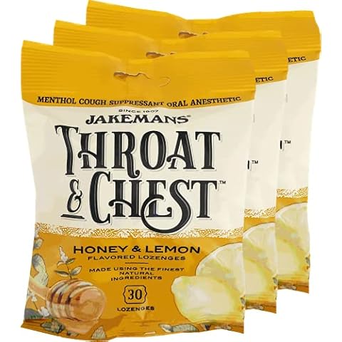 Jakemans Honey and Lemon Throat & Chest Lozenges Cough Drops – Cough, Sore Throat and Seasonal Distress Soothing Relief – Liquid Drop Shape – 30 Lozenges (3 Pack) Cover