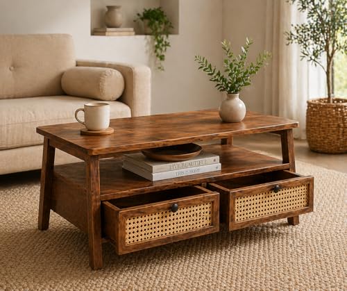 Image of Sheesham Wood Rectangular Cane Center Coffee Table for Living Room | Centre Table with 4 Drawer & Shelf Storage for Home, Office & Draweing Room | Brown Finish
