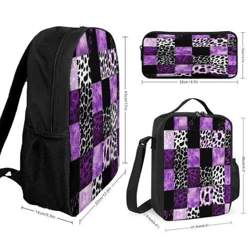 Purple Black Patchwork Quilt With Leopard Pattern Backpack Set 3 Pieces Backpacks Lunch Bag Wallet For Travel Outdoor Sports2