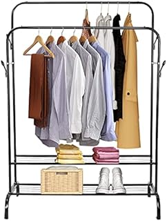 Tanice Double Clothes Rail, Heavy Duty Clothes Rail for Hanging Clothes, Free Standing Clothes Rail with 2-Tier Storage Shelf and 4 Side Hooks - Black
