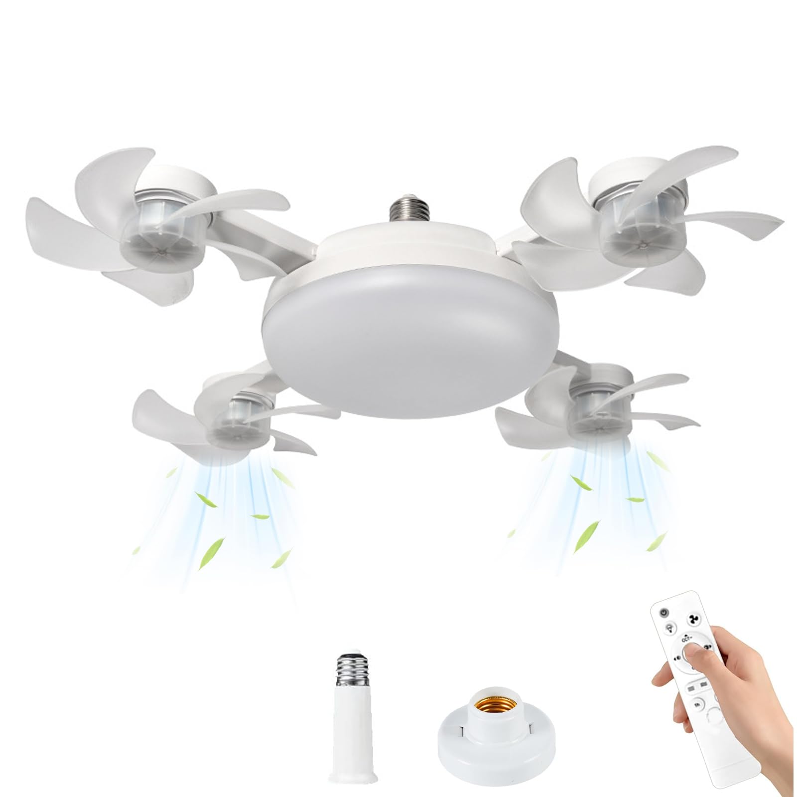 E27 Socket Ceiling Fan with Lights and Remote,2-in-1 Socket Fan Light with Remote Control,with 2/4 Hour Timer, 3-Speeds Adjustable & 3-Color,Screw in Mount Fan Light for Bedroom Living Room