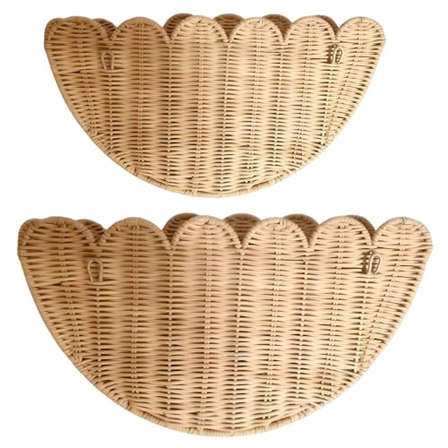 Scalloped Wall Basket，2pcs Hand Woven Hanging Wall Baskets, Wicker Wall