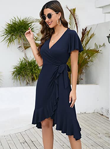 Owin Women's Wedding Guest Dresses V Neck Ruffle Sleeve Ruched A Line Swing Casual Party Dresses Navy M #TOP2