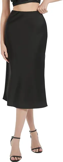 Satin Rock Damen Midirock mit Seitenschlitz und verstecktem Gummizug