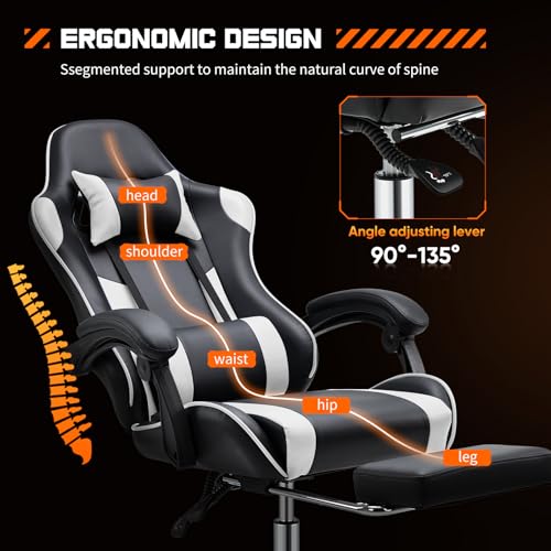 Sweetcrispy Computer Video Game Desk Chair - Ergonomic Comfy Lumbar Support with Footrest, PU Leather Recliner with Headrest, Fixed Up Armrest, Height Adjustable and 360° Swivel, for Adults, White