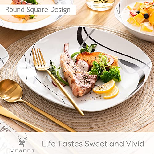 Veweet, Series Fiona, 24-Piece Ivory White Square Porcelain Ceramic Dinnerware Set With Black And Gray Stripes, Including Bowls, Dessert Plates, Soup Plates, Dinner Plates, Service For 6 #TOP1
