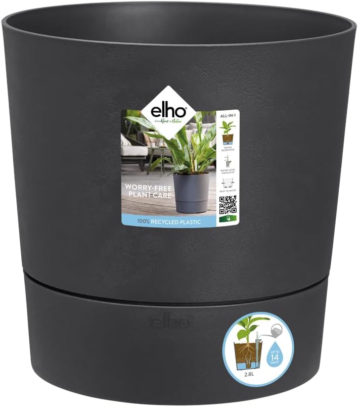 elho Greensense Aqua Care Round 30 - Self Watering Plant Pot for Indoor & Outdoor - 100% recycled plastic - Ø 29.5 x H 29.1 cm - Grey/Charcoal Grey