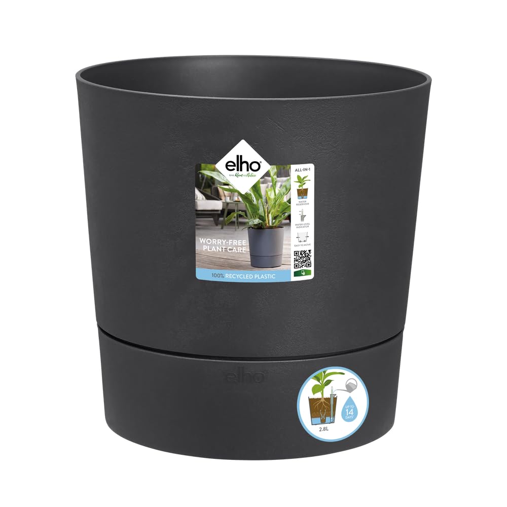 Elho Greensense Aqua Care Round 30cm Maceta - Charcoal Grey | ∅ 29.5 x 29.1 cm | Platillo integrado | Macetero por Interior y Exterior | Plástico 100% reciclado