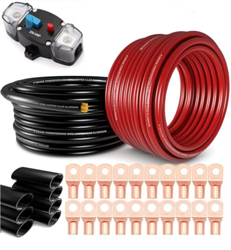 1/0 Gauge Wire(20ft Each - Red/Black) Copper Clad Aluminum CCA - Primary Automotive Wire with 12-24 Volt DC 250A Circuit Breaker Manual Reset for Automotive Rv Marine Boat