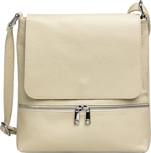 Caspar sportlich elegante Damen Umhängetasche aus Leder - mittelgroße Messenger Bag - CLASSIC LINE - Modell No.811 - Made in Italy, Farbe:beige, Accessoires:One Size