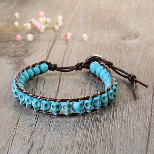 Kelitch New Turquoise Bracelets Skull Beaded Wrap Bracelet On Brown Leather Bracelets Handmade Jewelry #TOP5