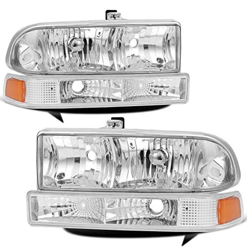 VehicleAid Headlight Assembly with Bumper Lights 4pcs Compatible with 1998-2005 Chevy Blazer / 1998-2004 Chevy S10 Pickup Passenger Driver Side (Chrome Housing with Amber Reflector)