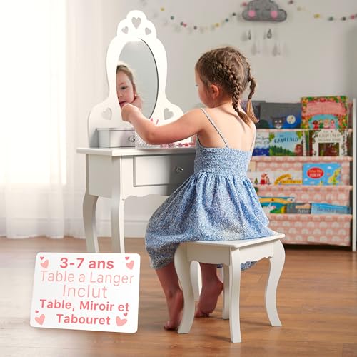 Runesol Coiffeuse pour Fille avec Tabouret et Miroir, Petit Table de Toilette pour Enfant idéale pour Les Filles 3-7 Ans, Coiffeuse en Bois Blanche de Maquillage d'enfants