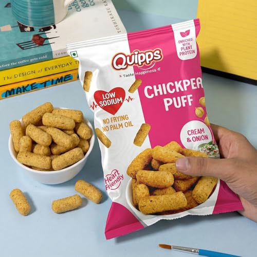 Image of Quipps Chickpea Puff - Cream & Onion (60g) | Plant Protein Healthy Snack | Low Sodium, Gluten Free, No Palm Oil | Non-Fried Crunchy Diet Snack | Heart Friendly Crunchy Puffs | Light & Crunchy Healthy Munchies for Office Snacks