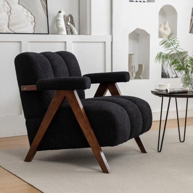 Upholstered Boucle Armchair with Solid Wood Legs |Comfy Tufted Arm Chair for Bedroom (Black)-image-41