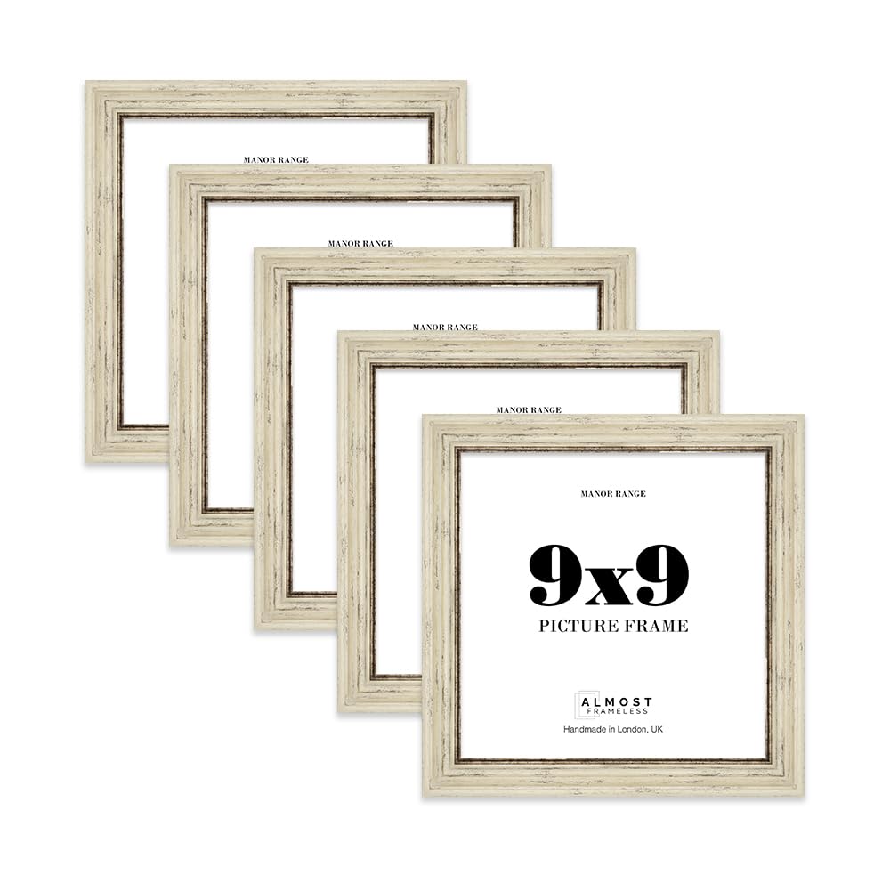 9x9 Picture Frame, Display 9x9 Pictures (22.9 x 22.9cm) - Distressed Cream Bold 42mm Edge Photo Display - 5 Pack