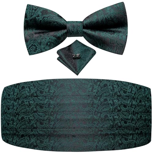 Image of Dubulle Mens Cummerbund and Bow Tie Set Paisley Floral Pretied Bowties for Men Pocket Square Cufflinks Wedding Business