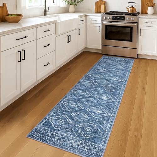 KILOCOCO Hallway Runner Rug 2x7 Runners for Hallways Washable Runner Rug Non Slip Rubber Backed Low-Pile Runners for Bedroom Kitchen Living Room Laundry Room Boho Rugs, Stonewashed Blue