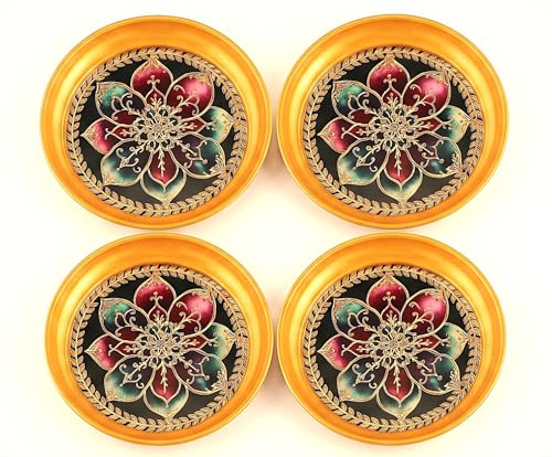 Image of R Ayurveda Copper Metal Set of 4 Ornate Dessert Serving Plates - 6 Inch Decorative Enamel & Gold Foiled Finish Trays - Perfect for Indian Sweets, Macarons, Festivals & Family Parties
