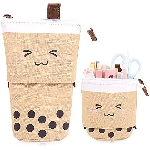 MAMUNU Stand Pencil Case Cartoon Cute Telescopic Pencil Pouch Pen Holder Kawaii Canvas Pencil Holder Cosmetics Makeup Bag for School Students Office Women Girls Boys Teenage Adult (Brown) Cover