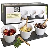 moritz & moritz 7 pz. serving set bay leaf - ciotole in ceramica vassoio in ardesia e cucchiaio di bambù - per salse snack antipasti dessert