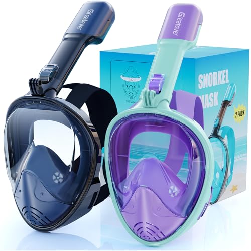 Greatever Full Face Snorkel Mask, Snorkeling Gear for Adults Kids with Latest Dry Top Breathing System and Detachable Camera Mount, Foldable Panoramic View Snorkeling Mask Set, Anti-Fog & Anti-Leak