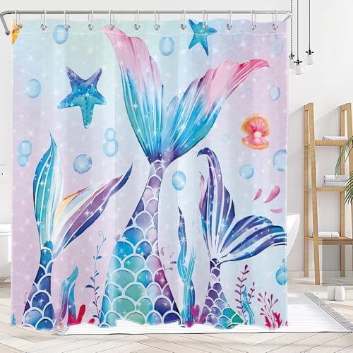 YRWSU Mermaid Shower Curtain, Colorful Mermaid Kids Bathroom Curtain for Girls, 72x72 Inch Waterproof Polyester Fabric Shower Curtain Set with 12 Hooks